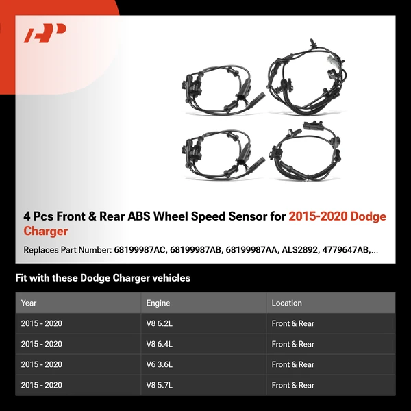 4 Pcs Front & Rear ABS Wheel Speed Sensor for 2015-2020 Dodge Charger