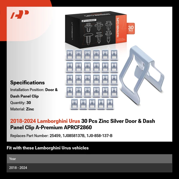 2018-2024 Lamborghini Urus 30 Pcs Zinc Silver Door & Dash Panel Clip A-Premium APRCF2860