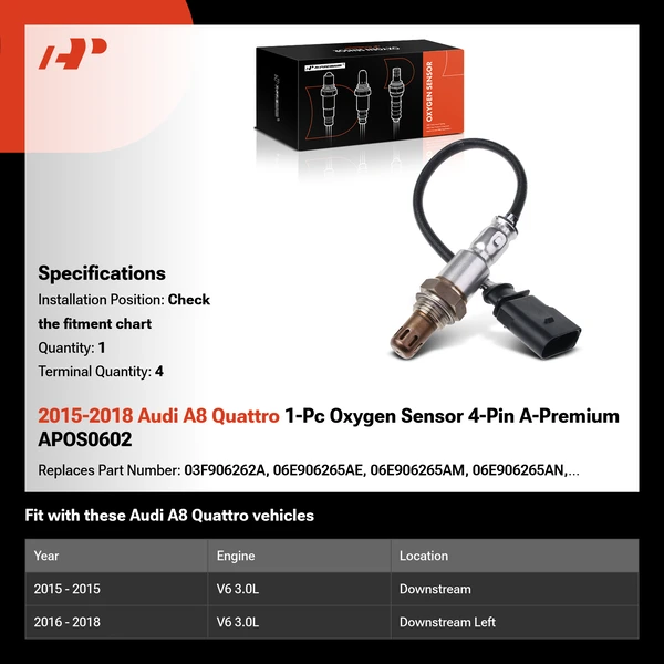 2015-2018 Audi A8 Quattro 1-Pc Oxygen Sensor 4-Pin A-Premium APOS0602