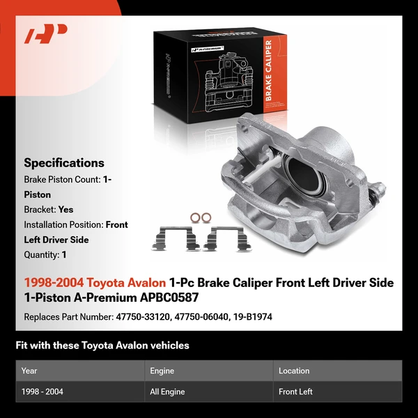 1998-2004 Toyota Avalon 1-Pc Brake Caliper Front Left Driver Side 1-Piston A-Premium APBC0587