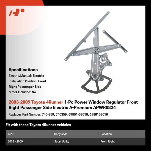 2003-2009 Toyota 4Runner 1-Pc Power Window Regulator Front Right Passenger Side Electric A-Premium APWR0824