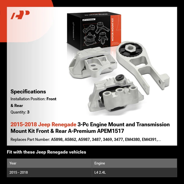 2015-2018 Jeep Renegade 3-Pc Engine Mount and Transmission Mount Kit Front & Rear A-Premium APEM1517