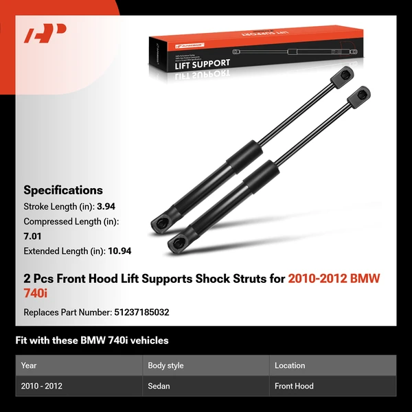 2 Pcs Front Hood Lift Supports Shock Struts for 2010-2012 BMW 740i