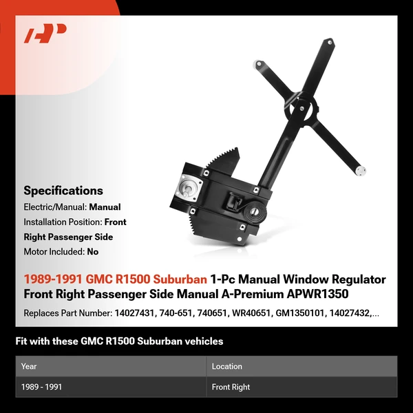 1989-1991 GMC R1500 Suburban 1-Pc Manual Window Regulator Front Right Passenger Side Manual A-Premium APWR1350