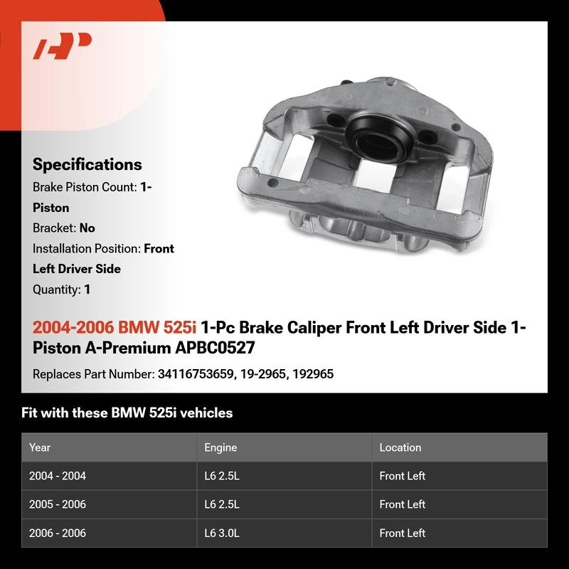 2004-2006 BMW 525i 1-Pc Brake Caliper Front Left Driver Side 1-Piston A-Premium APBC0527