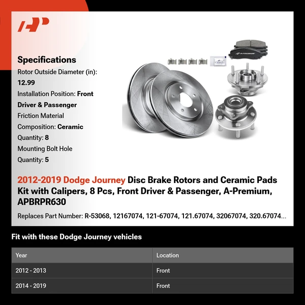 2012-2019 Dodge Journey Disc Brake Rotors and Ceramic Pads Kit with Calipers, 8 Pcs, Front Driver & Passenger, A-Premium, APBRPR630