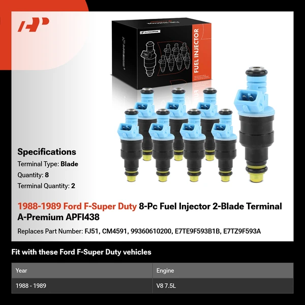 1988-1989 Ford F-Super Duty 8-Pc Fuel Injector 2-Blade Terminal A-Premium APFI438
