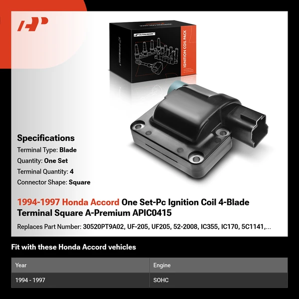 1994-1997 Honda Accord One Set-Pc Ignition Coil 4-Blade Terminal Square A-Premium APIC0415