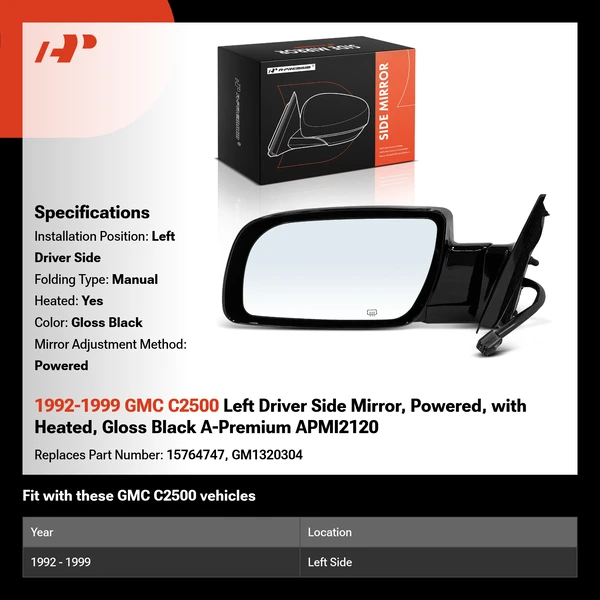 1992-1999 GMC C2500 Left Driver Side Mirror, Powered, with Heated, Gloss Black A-Premium APMI2120