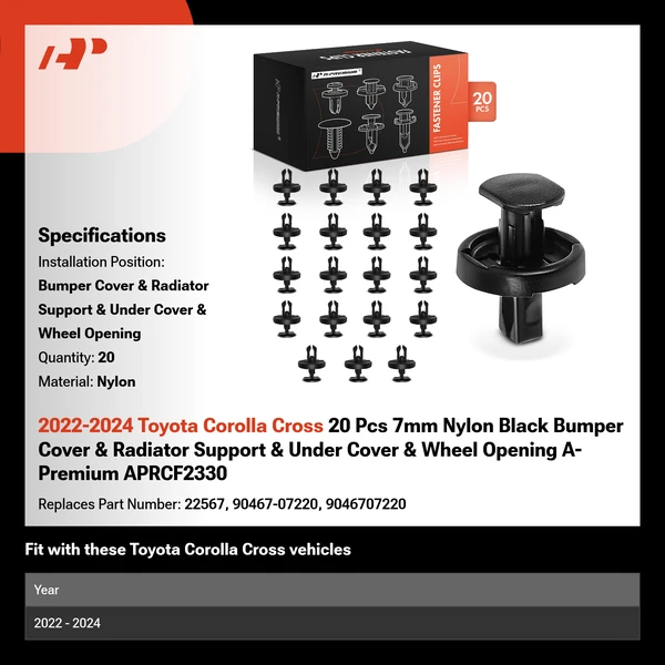 2022-2024 Toyota Corolla Cross 20 Pcs 7mm Nylon Black Bumper Cover & Radiator Support & Under Cover & Wheel Opening A-Premium APRCF2330