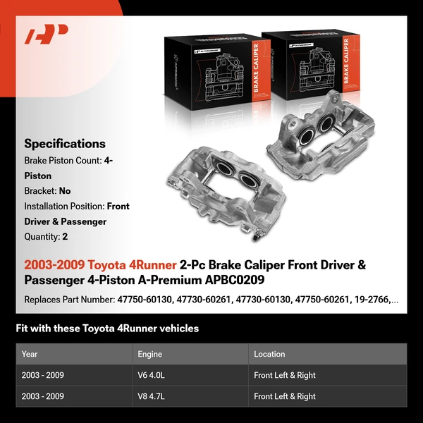 2003-2009 Toyota 4Runner 2-Pc Brake Caliper Front Driver & Passenger 4-Piston A-Premium APBC0209