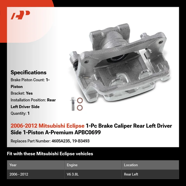 2006-2012 Mitsubishi Eclipse 1-Pc Brake Caliper Rear Left Driver Side 1-Piston A-Premium APBC0699