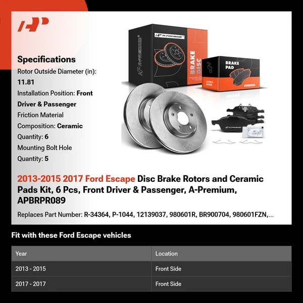 2013-2015 2017 Ford Escape Disc Brake Rotors and Ceramic Pads Kit, 6 Pcs, Front Driver & Passenger, A-Premium, APBRPR089