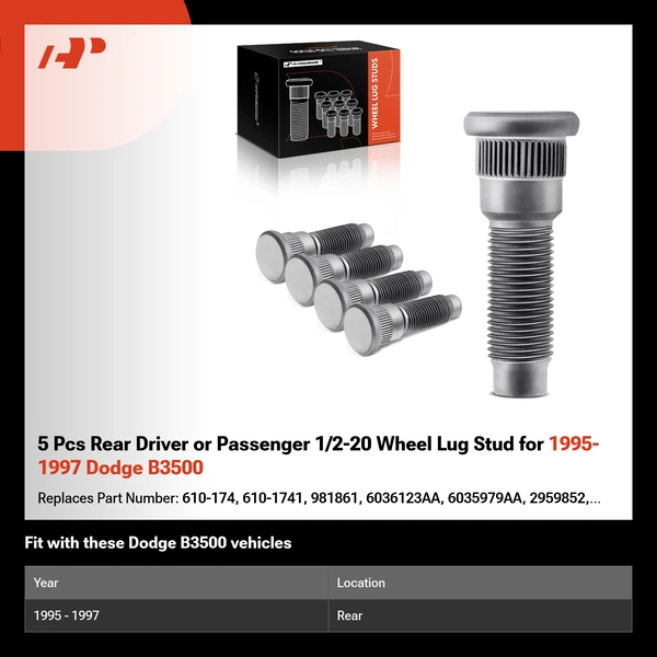 5 Pcs Rear Driver or Passenger 1/2-20 Wheel Lug Stud for 1995-1997 Dodge B3500