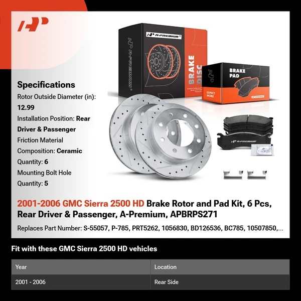 2001-2006 GMC Sierra 2500 HD Brake Rotor and Pad Kit, 6 Pcs, Rear Driver & Passenger, A-Premium, APBRPS271