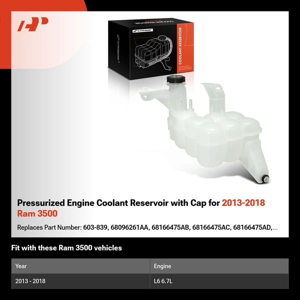 Pressurized Engine Coolant Reservoir with Cap for 2013-2018 Ram 3500
