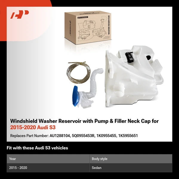 Windshield Washer Reservoir with Pump & Filler Neck Cap for 2015-2020 Audi S3