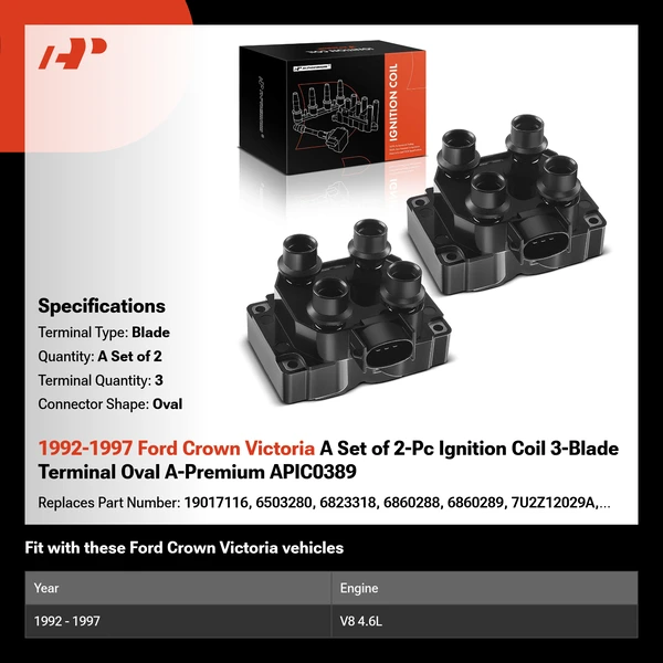 1992-1997 Ford Crown Victoria A Set of 2-Pc Ignition Coil 3-Blade Terminal Oval A-Premium APIC0389