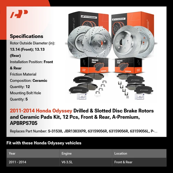 2011-2014 Honda Odyssey Drilled & Slotted Disc Brake Rotors and Ceramic Pads Kit, 12 Pcs, Front & Rear, A-Premium, APBRPS705