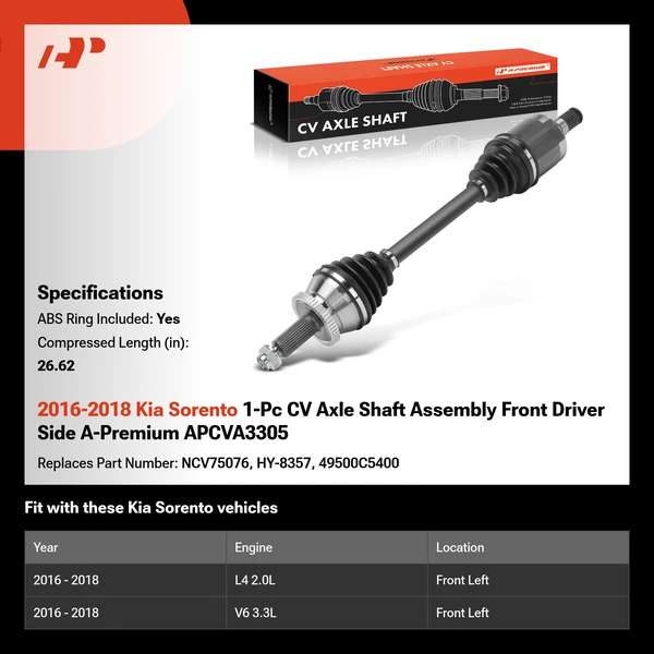 2016-2018 Kia Sorento 1-Pc CV Axle Shaft Assembly Front Driver Side A-Premium APCVA3305