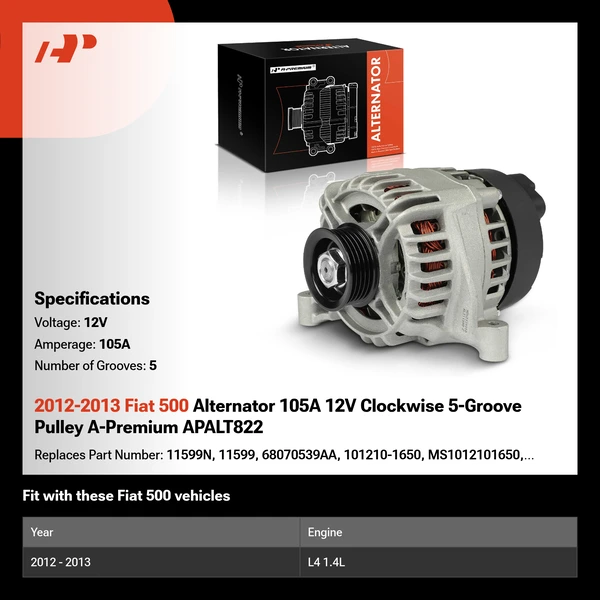 2012-2013 Fiat 500 Alternator 105A 12V Clockwise 5-Groove Pulley A-Premium APALT822