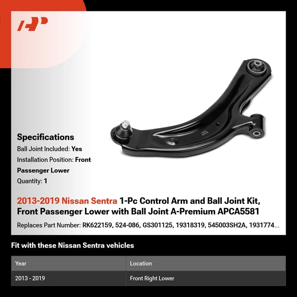 2013-2019 Nissan Sentra 1-Pc Control Arm and Ball Joint Kit, Front Passenger Lower with Ball Joint A-Premium APCA5581