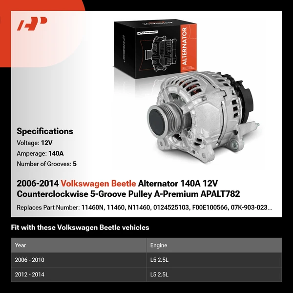 2006-2014 Volkswagen Beetle Alternator 140A 12V Counterclockwise 5-Groove Pulley A-Premium APALT782