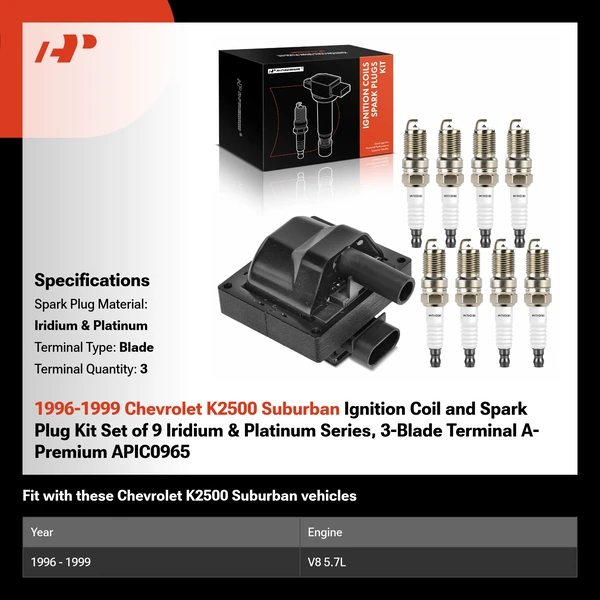 1996-1999 Chevrolet K2500 Suburban Ignition Coil and Spark Plug Kit Set of 9 Iridium & Platinum Series, 3-Blade Terminal A-Premium APIC0965
