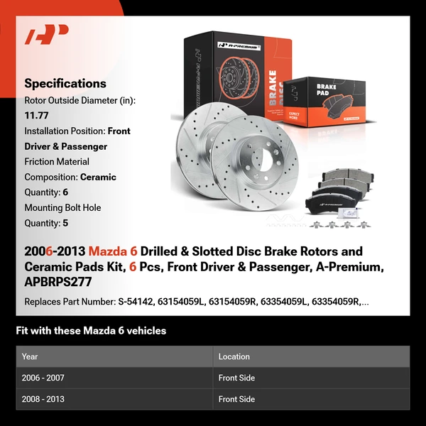 2006-2013 Mazda 6 Drilled & Slotted Disc Brake Rotors and Ceramic Pads Kit, 6 Pcs, Front Driver & Passenger, A-Premium, APBRPS277