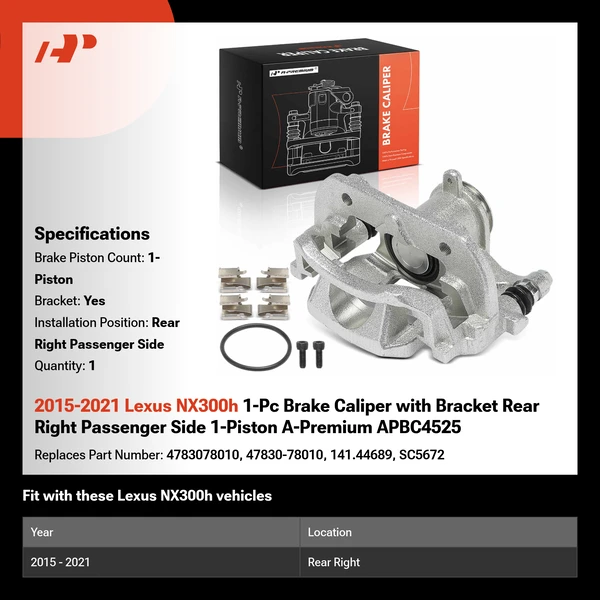 2015-2021 Lexus NX300h 1-Pc Brake Caliper with Bracket Rear Right Passenger Side 1-Piston A-Premium APBC4525