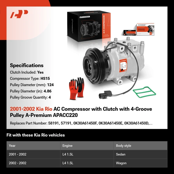 2001-2002 Kia Rio AC Compressor with Clutch with 4-Groove Pulley A-Premium APACC220