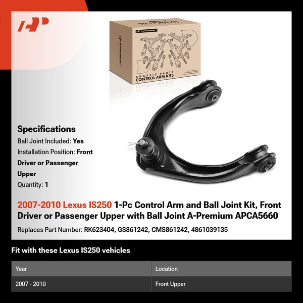 2007-2010 Lexus IS250 1-Pc Control Arm and Ball Joint Kit, Front Driver or Passenger Upper with Ball Joint A-Premium APCA5660