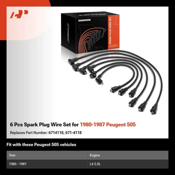 6 Pcs Spark Plug Wire Set for 1980-1987 Peugeot 505