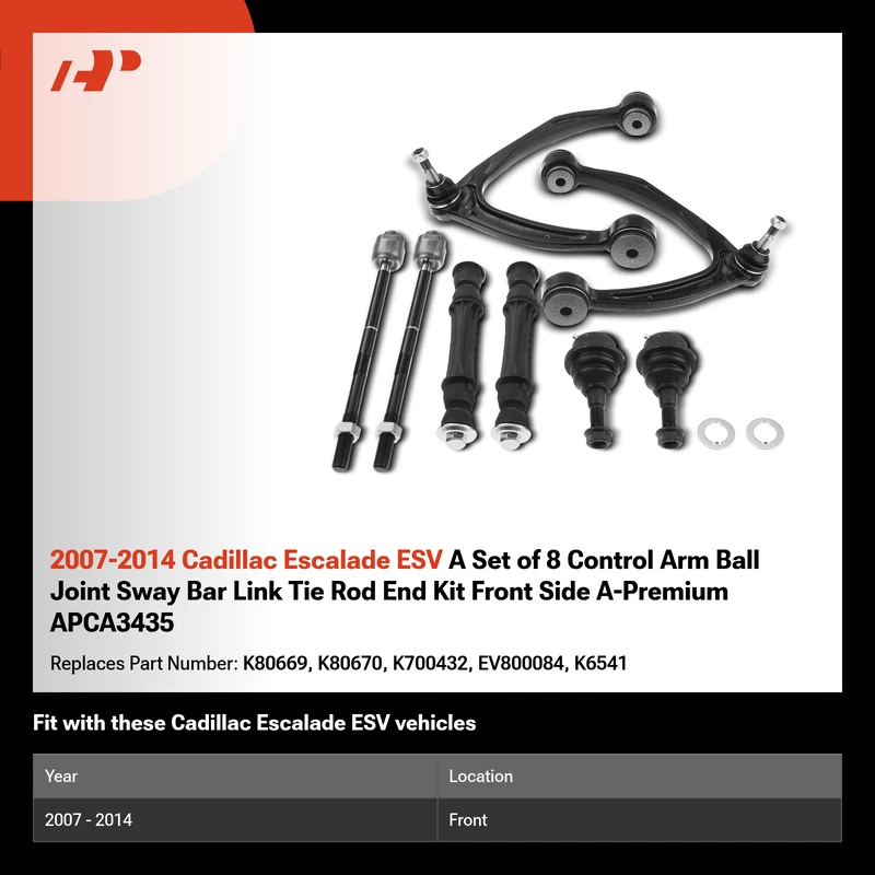 2007-2014 Cadillac Escalade ESV A Set of 8 Control Arm Ball Joint Sway Bar Link Tie Rod End Kit Front Side A-Premium APCA3435