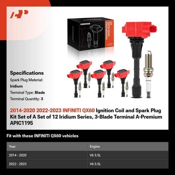 2014-2020 2022-2023 INFINITI QX60 Ignition Coil and Spark Plug Kit Set of A Set of 12 Iridium Series, 3-Blade Terminal A-Premium APIC1195