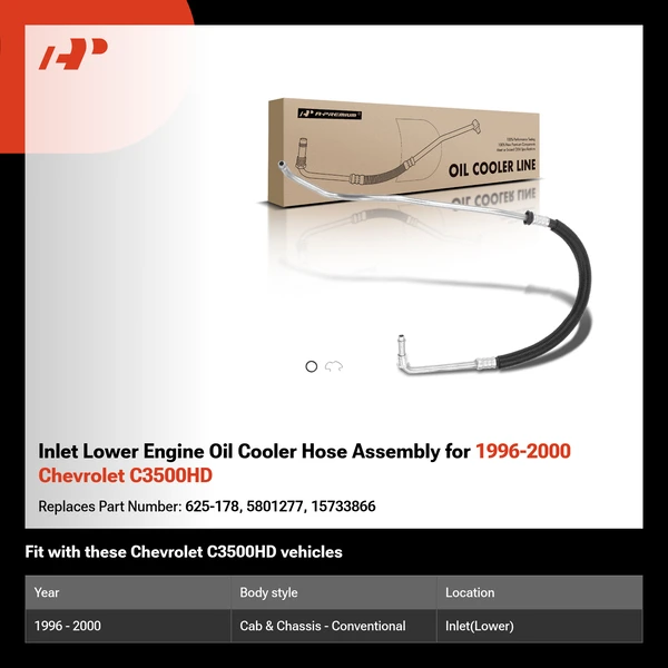 Inlet Lower Engine Oil Cooler Hose Assembly for 1996-2000 Chevrolet C3500HD