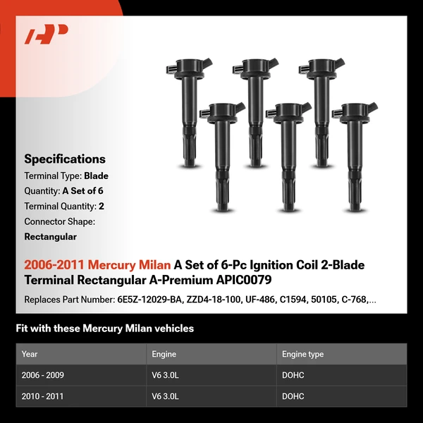 2006-2011 Mercury Milan A Set of 6-Pc Ignition Coil 2-Blade Terminal Rectangular A-Premium APIC0079