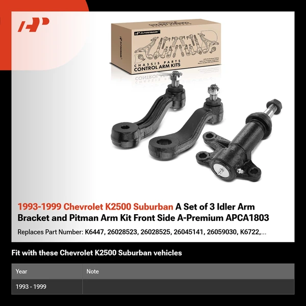 1993-1999 Chevrolet K2500 Suburban A Set of 3 Idler Arm Bracket and Pitman Arm Kit Front Side A-Premium APCA1803