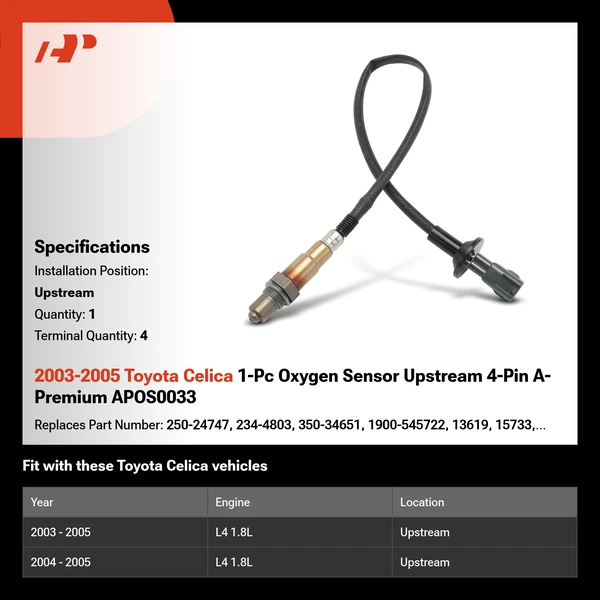 2003-2005 Toyota Celica 1-Pc Oxygen Sensor Upstream 4-Pin A-Premium APOS0033