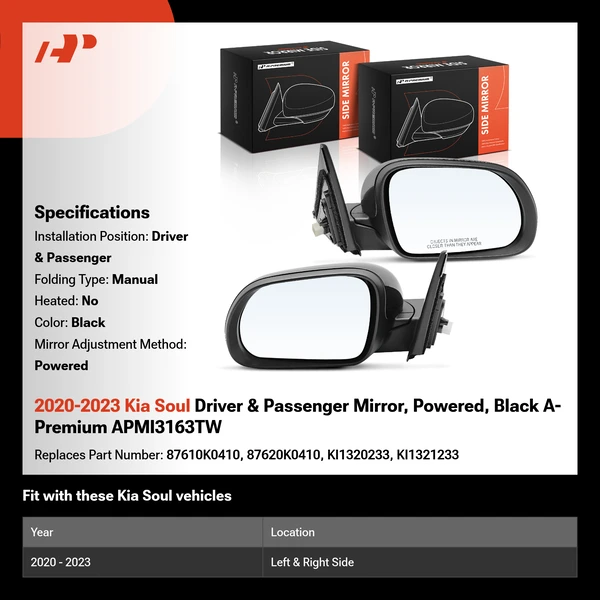 2020-2023 Kia Soul Driver & Passenger Mirror, Powered, Black A-Premium APMI3163TW