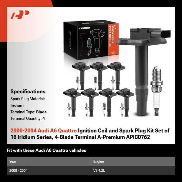2000-2004 Audi A6 Quattro Ignition Coil and Spark Plug Kit Set of 16 Iridium Series, 4-Blade Terminal A-Premium APIC0762