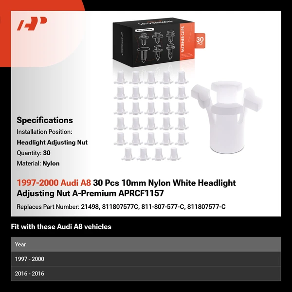 1997-2000 Audi A8 30 Pcs 10mm Nylon White Headlight Adjusting Nut A-Premium APRCF1157