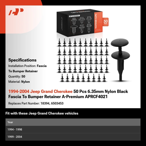 1994-2004 Jeep Grand Cherokee 50 Pcs 6.35mm Nylon Black Fascia To Bumper Retainer A-Premium APRCF4021