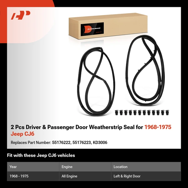 2 Pcs Driver & Passenger Door Weatherstrip Seal for 1968-1975 Jeep CJ6