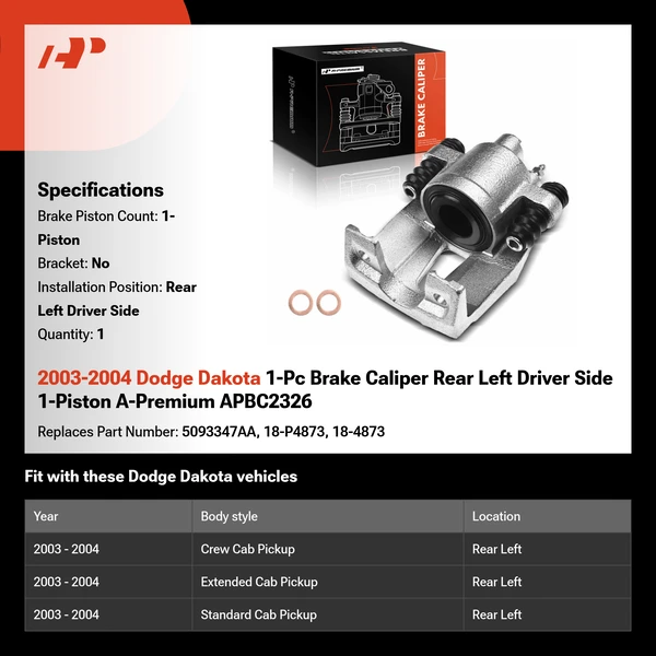 2003-2004 Dodge Dakota 1-Pc Brake Caliper Rear Left Driver Side 1-Piston A-Premium APBC2326