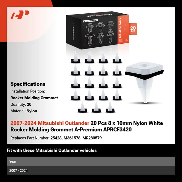 2007-2024 Mitsubishi Outlander 20 Pcs 8 x 10mm Nylon White Rocker Molding Grommet A-Premium APRCF3420