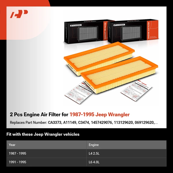 2 Pcs Engine Air Filter for 1987-1995 Jeep Wrangler