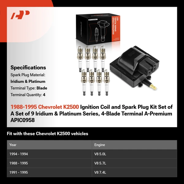 1988-1995 Chevrolet K2500 Ignition Coil and Spark Plug Kit Set of A Set of 9 Iridium & Platinum Series, 4-Blade Terminal A-Premium APIC0958