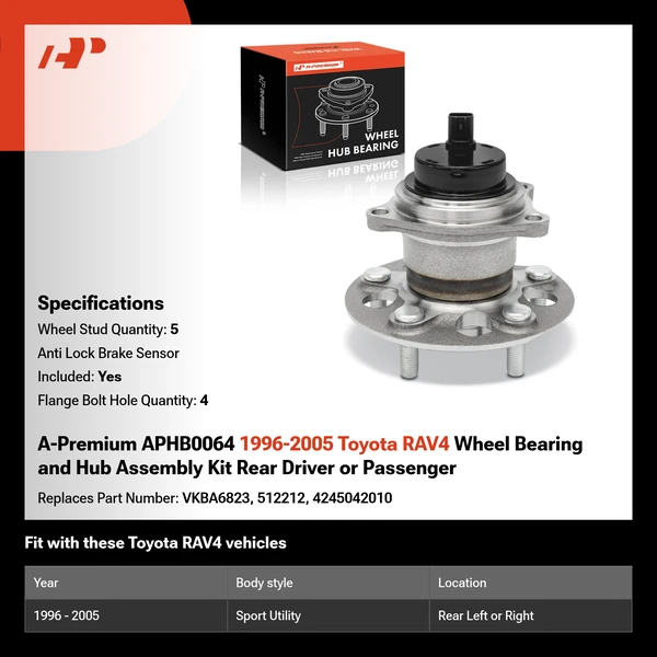 A-Premium APHB0064 1996-2005 Toyota RAV4 Wheel Bearing and Hub Assembly Kit Rear Driver or Passenger