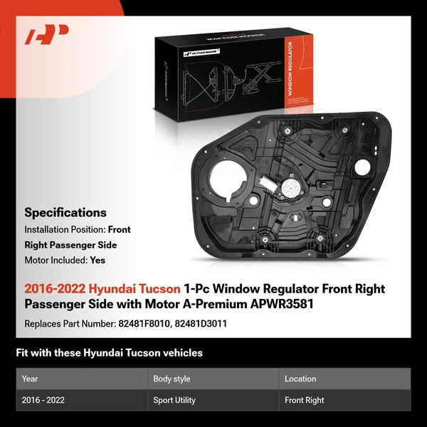 2016-2022 Hyundai Tucson 1-Pc Window Regulator Front Right Passenger Side with Motor A-Premium APWR3581
